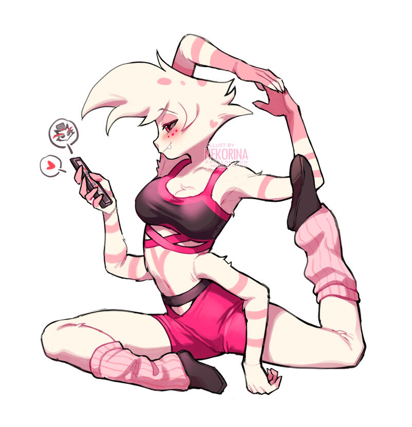 Angel Dust from Hazbin Hotel doing stretch exercises